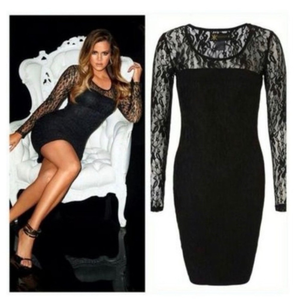 Kardashian Kollection Lace Mini Dress Black Sheer Long Sleeve Homecoming Hoco XL